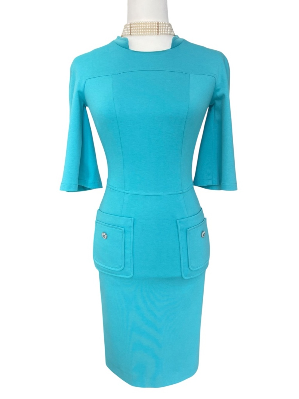 Sleek Turquoise Midi Dress with Flared Sleeves Size 34